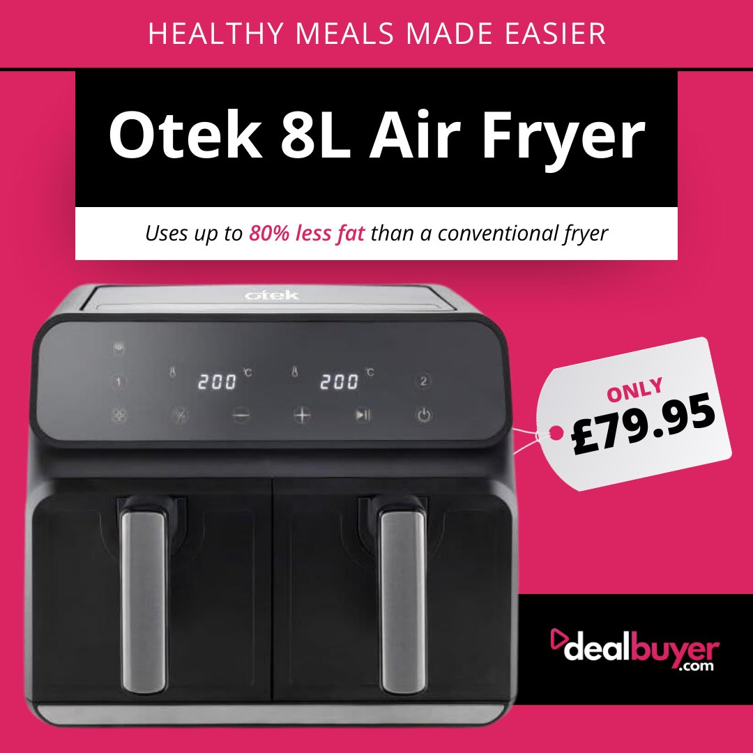 DealBuyer1's tweet photo. Starting 2024 with a health kick? 🥗 Purchase a large 8L low-fat/oil-free Otek Air Fryer for just £79.95!

✅  4L + 4L Dual Cooking Baskets
✅ Uses up to 80% less fat than a conventional fryer
✅ Fully-adjustable temperature control

📲  https://t.co/ODhJArKo6s

#dealbuyer https://t.co/EkicCOPhke