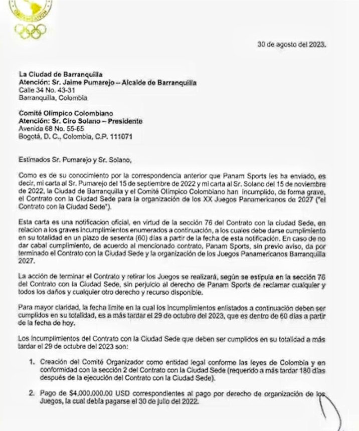 Esta es la carta de Agosto de 2023 , que el comité olímpico Colombia le dirige a Pumarejo, en la que le advierten que duque no hizo el pago el 30 de Julio de 2022 y por eso barranquilla podría perder la sede de los panamericanos.

Por que Pumarejo no le informo al mindeporte?