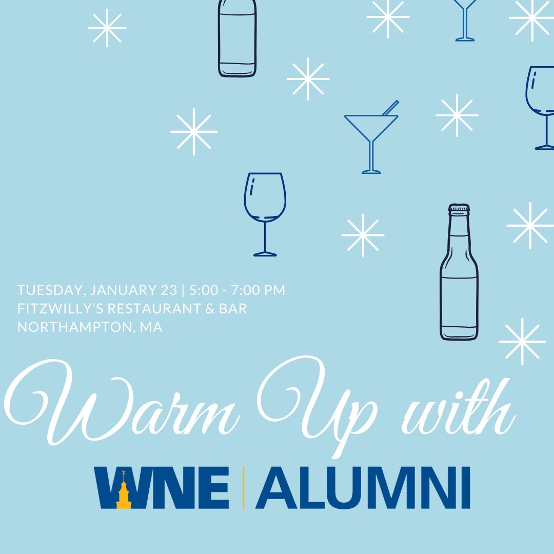 WNEalumni's tweet photo. Ring in the New Year with Golden Bear alumni at the Warm Up with WNE happy hour event at FitzWilly's in Northampton, MA, on Tues., Jan. 23, from 5-7 PM. Register before Jan. 22 and be entered to win ✌️ free drink tickets! Register today 👉 https://t.co/IuiwSX5Gsg. #wnealumni https://t.co/6wAQUKu3jX