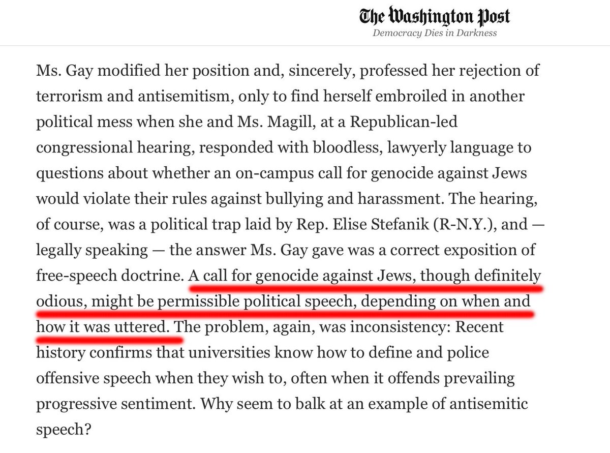 Esto es el editorial del Washington Post tras la renuncia de Claudine Gay. 'Un llamamiento al genocidio contra los judíos, aunque definitivamente odioso, podría ser un discurso político permisible, dependiendo de cuándo y cómo se pronunciara'. Trato de imaginar el contexto. Nop.