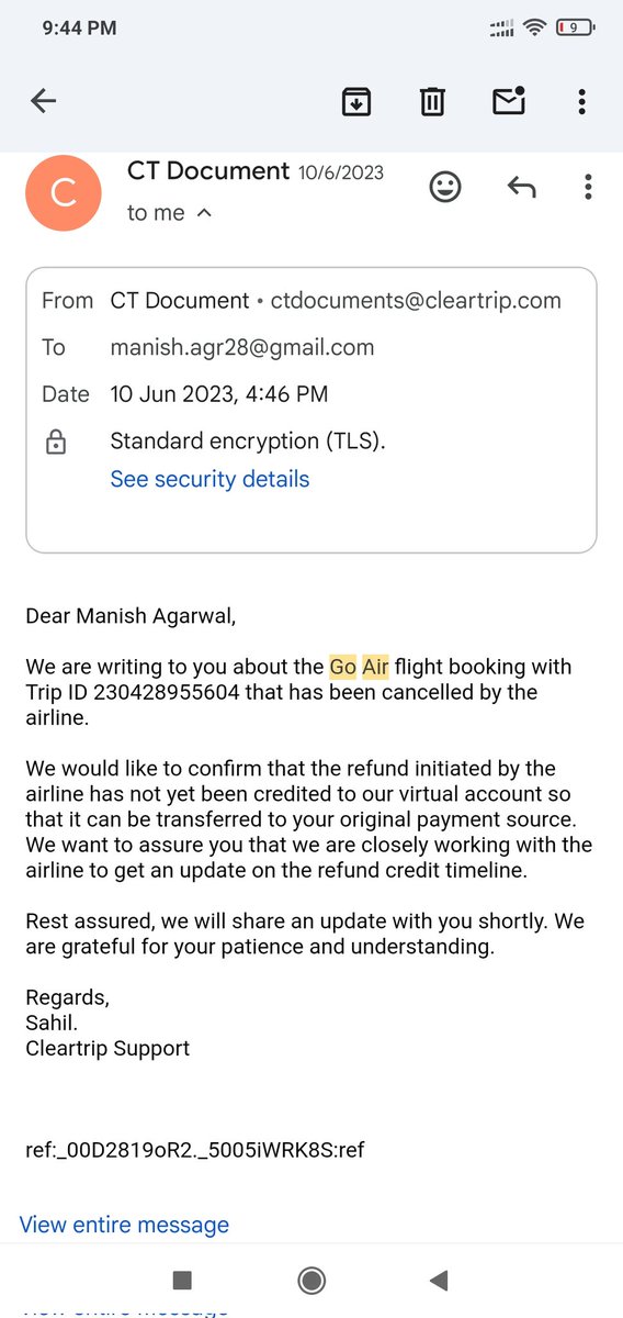 Manish95407's tweet photo. @JM_Scindia @MoCA_GoI please help me for getting my refund from @Cleartrip ASAP sir.
 As per the email, they have processed my refund on 5/05/2023 but as of now I haven't received my refund. Whenever I call to @Cleartrip they say, they have not received the amount https://t.co/erQgHk1XhN