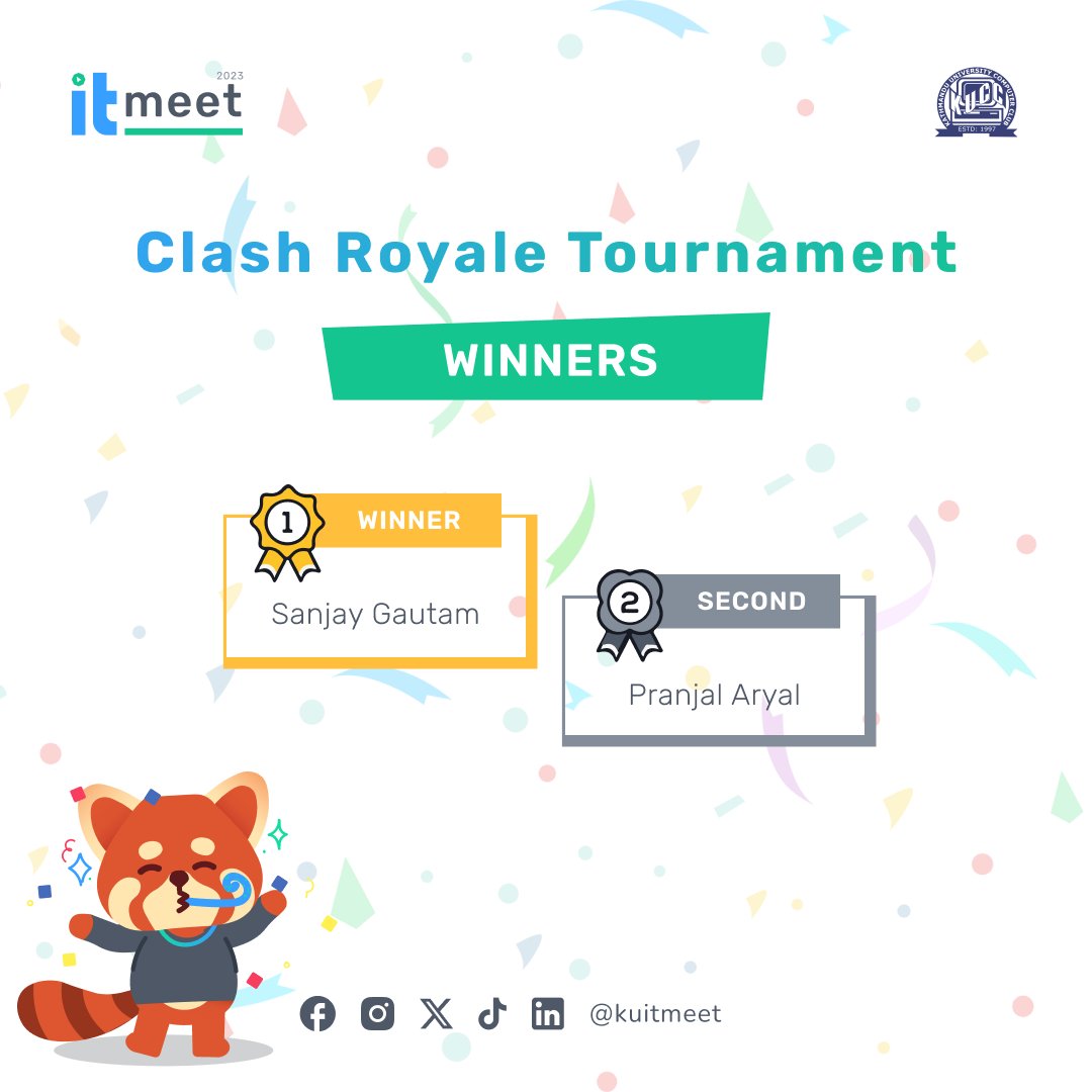 kuitmeet's tweet photo. Clash Royale champions! The battlefield has settled, and we proudly present the victorious winners of our Clash Royale competition!! Congratulations on your triumph!  
 #Gaming #VictoryRoyale #itmeet23 #geekoutinstyle #KathmanduUniversity #ClashRoyale #winners https://t.co/mz7WNgBerv