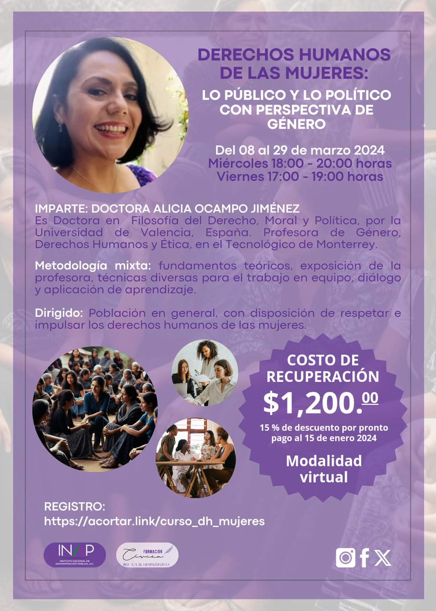 IFCivica's tweet photo. #Curso | Derechos humanos de las mujeres: lo público y lo político con perspectiva de género 

🗓️ Del 08 al 29 de marzo 2024

*Descuento por pronto pago*

REGISTRO: https://t.co/qlU3rf1vGW https://t.co/hkWK6zcAfB