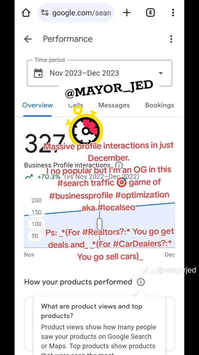Massive profile interactions in just December.
I no popular but I'm an OG in this #search traffic 🎯 game of #businessprofile #optimization aka #localseo 

Ps: *(For #Realtors?: You go get qualified deals and *(For #CarDealers?:* You go sell more cars)
-
 #seo #localmarketing