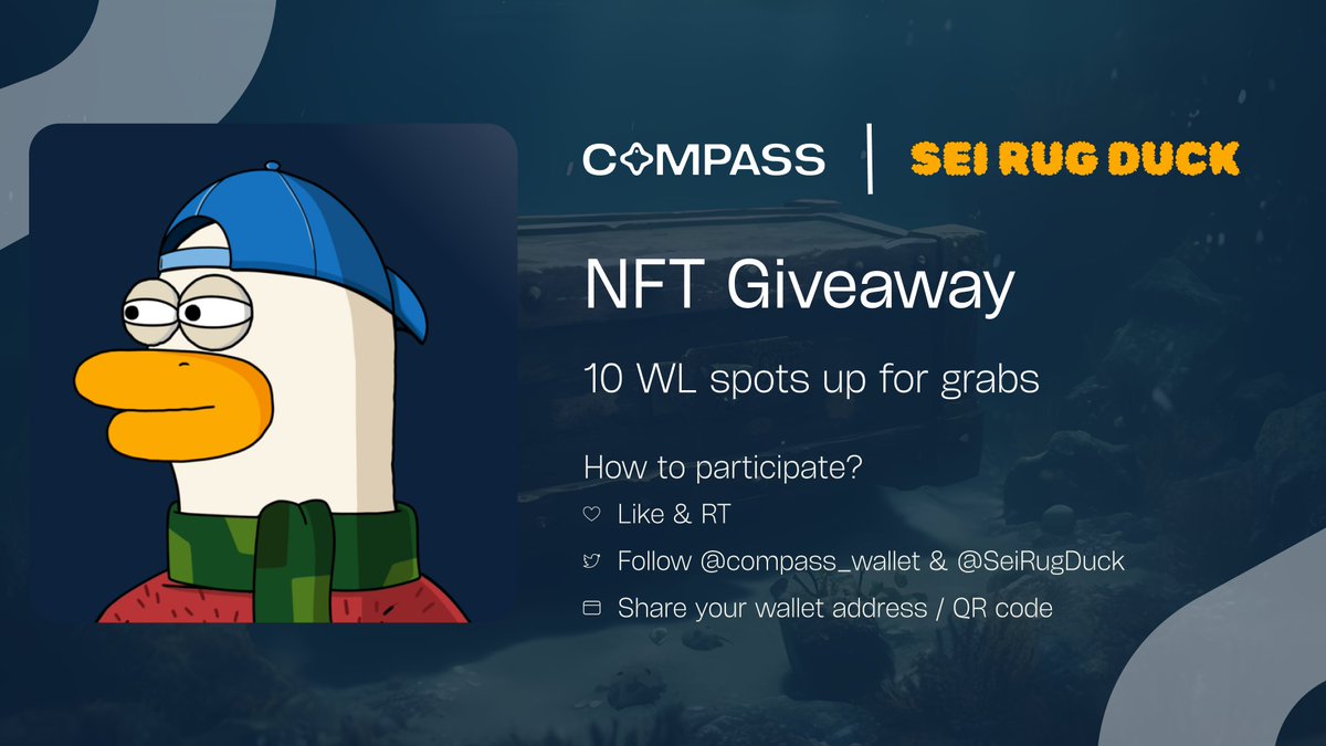 Compass 🧭🚢 (@compass_wallet) on Twitter photo Low quality? We beg to differ!
We've teamed up with <a href="/SeiRugDuck/">Rug Duck Association</a> for a high quality WL giveaway.
To grab an exclusive WL spot for the free mint, all you need to do is:
1️⃣ Like & RT
2️⃣ Follow <a href="/compass_wallet/">Compass 🧭🚢</a> & <a href="/SeiRugDuck/">Rug Duck Association</a>
3️⃣ Reply with a "🧭" emoji & your SEI address Low quality? We beg to differ!
We've teamed up with <a href="/SeiRugDuck/">Rug Duck Association</a> for a high quality WL giveaway.
To grab an exclusive WL spot for the free mint, all you need to do is:
1️⃣ Like & RT
2️⃣ Follow <a href="/compass_wallet/">Compass 🧭🚢</a> & <a href="/SeiRugDuck/">Rug Duck Association</a>
3️⃣ Reply with a "🧭" emoji & your SEI address