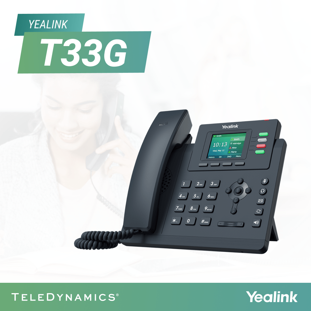 TeleDynamics_TX's tweet image. Start the new year off right with the @YealinkNews T33G #IPphone🎉. This entry-level desk phone features a 2.4" display, dual-port Gigabit Ethernet, up to 4 SIP accounts, &amp;amp; local 5-way conferencing. Reach out to your TeleDynamics rep today! ➡️ hubs.li/Q02d-T580 ⬅️

#UC #PoE