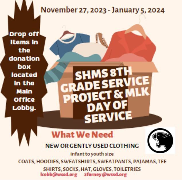 HsaShms's tweet photo. Tomorrow is the last day to donate to the SHMS 8th grade service project. Please consider donating gently used clothing to help the clothing drive. https://t.co/rIrPIaxeHg