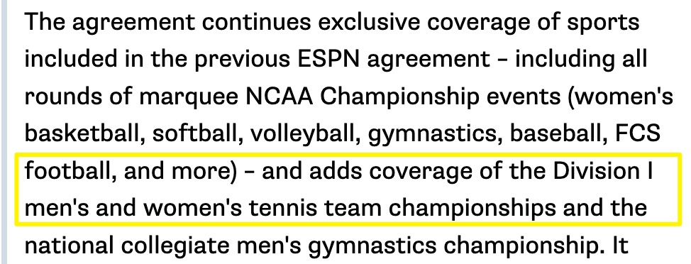 Good news( I think), that the new ESPN agreement with the NCAA includes Division I tennis team championships: ncaa.org/news/2024/1/4/…