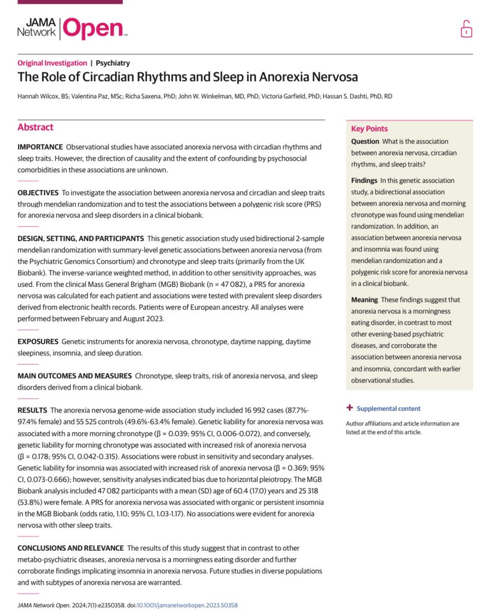 Hassan S Dashti (@hsdash) on Twitter photo Using Mendelian randomization, we found 2-way associations between anorexia nervosa and morning chronotype, suggesting that in contrast to other diseases, anorexia nervosa is distinctly a morningness psychiatric disorder. <a href="/JAMANetworkOpen/">JAMA Network Open</a> @MGH_RI
Paper: jamanetwork.com/journals/jaman… Using Mendelian randomization, we found 2-way associations between anorexia nervosa and morning chronotype, suggesting that in contrast to other diseases, anorexia nervosa is distinctly a morningness psychiatric disorder. <a href="/JAMANetworkOpen/">JAMA Network Open</a> @MGH_RI
Paper: jamanetwork.com/journals/jaman…