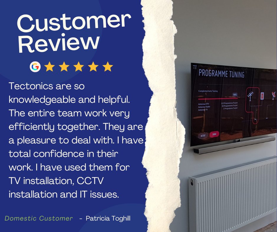 We love hearing your feedback, check out this review 🌟

Want to leave the Tectonic team a review? Leave yours here 📲 zurl.co/qutD

#eastbourne #supportlocalEB #bestofeastbourne #electrician #cctv #data #tvinstallation #satelliterepair twitter.com/messages/compo…