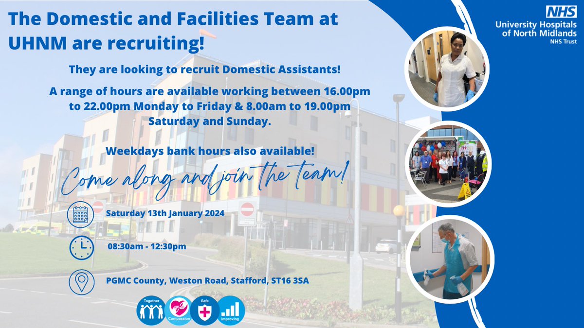 🌟RECRUITMENT EVENT🌟

The Domestic and Facilities Team at <a href="/UHNM_NHS/">UHNM NHS Trust 🏥</a> are recruiting for Domestic Assistants for County Hospital!

📅Saturday 13th January 2024
⏰8:30AM - 12:30PM
📍PGMC County, Weston Road, Stafford, ST16 3SA

1/2