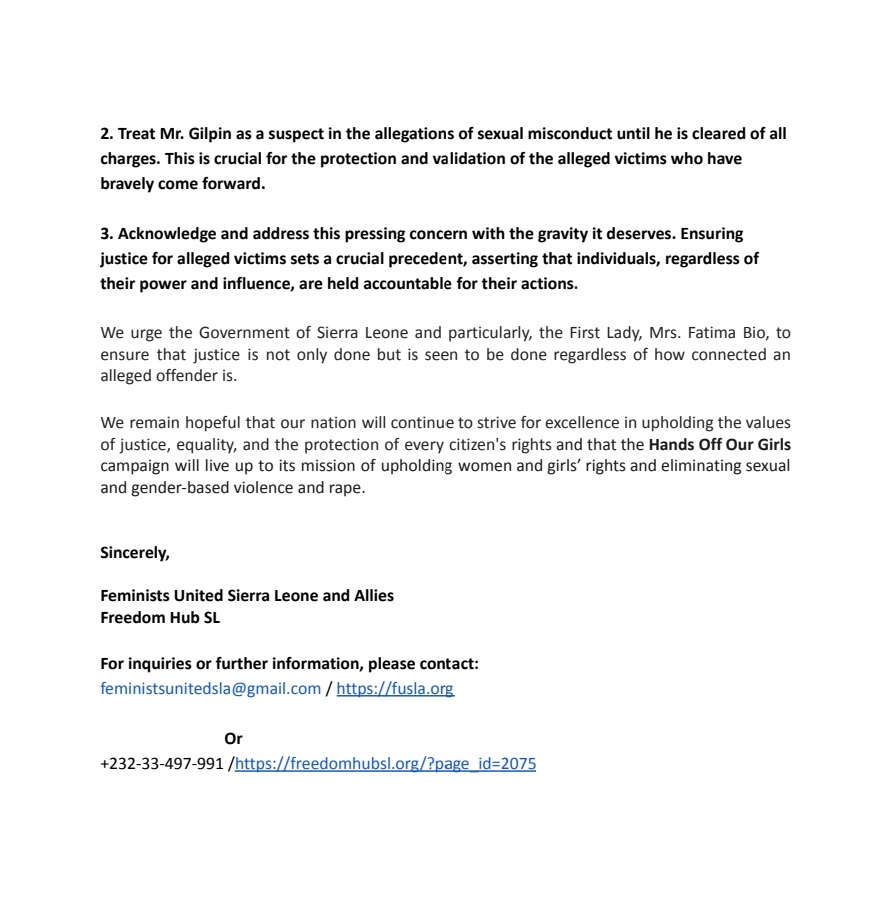 January 4 2024

SL feminists call for justice and state concerns over Walton Gilpin’s participation in the Hands Off Our Girls campaign’s 5th anniversary commemoration

To read more &amp; learn about the demands: 

fusla.org/blog-1/f/call-…
<a href="/FirstLadyBio/">H. E.  Fatima Maada Bio</a> 
<a href="/advocaid/">AdvocAid</a> 
<a href="/Purposeful_org/">WeArePurposeful</a>