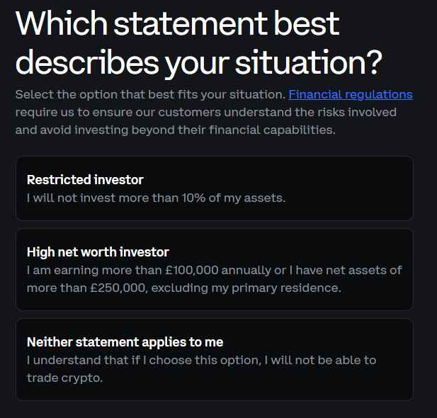 NEW: Under Financial Conduct Authority rules, Coinbase users in the 🇬🇧 UK must categorize themselves as either Restricted investors (investing under 10% of their assets) or High Net Worth investors to trade 👀

Failure to do so will completely restrict them from trading 😮