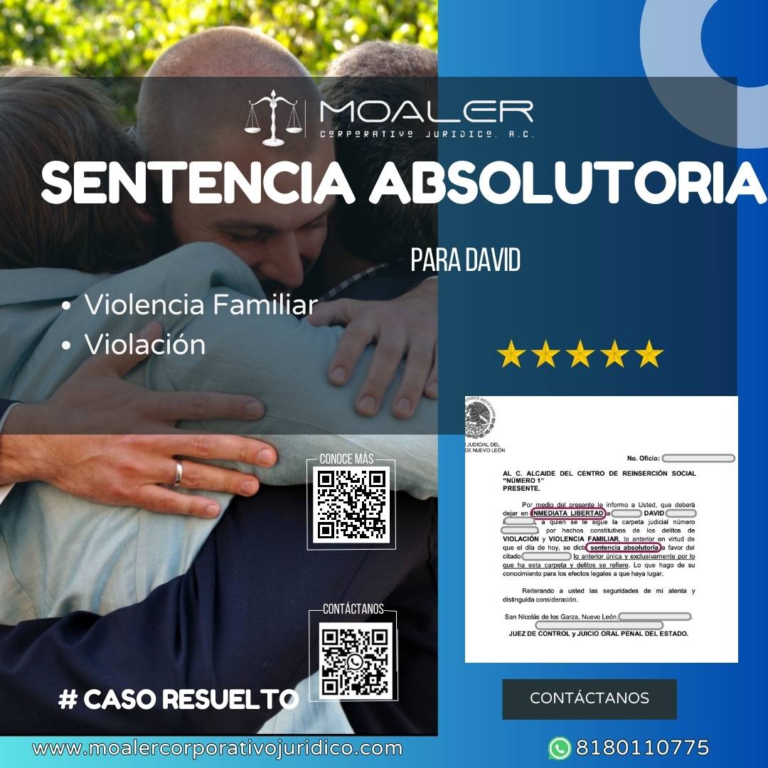 📷Sentencia Absolutoria 📷
Muchas Felicidades para David
Iniciamos el año con libertad
Si necesitas ayuda legal, no dudes en contactar a MOALER Corporativo Jurídico, un despacho especializado en asuntos penales, divorcios, pensiones, asuntos familiares, derechos humanos y más.