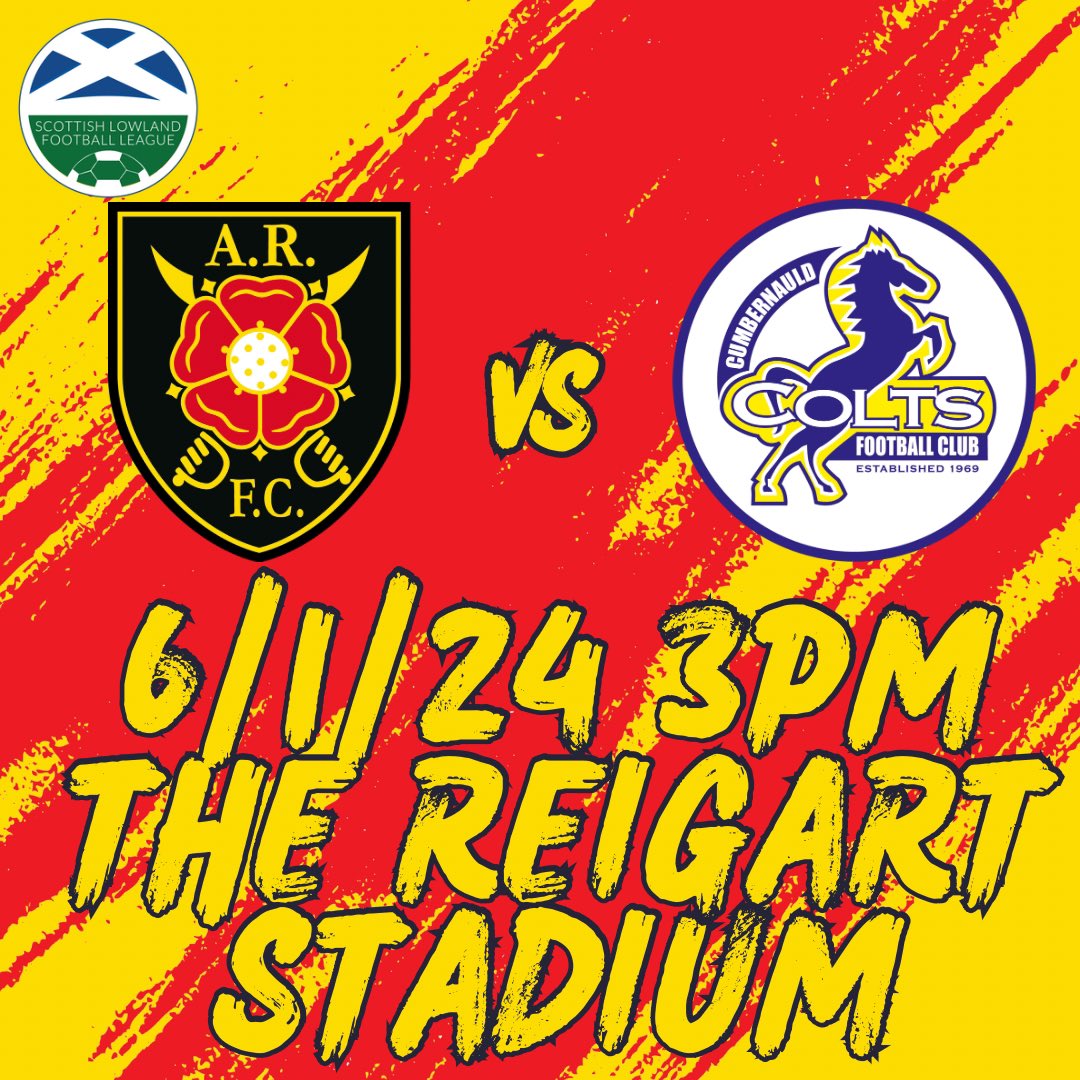 What better way to kick off 2024 than with a North Lanarkshire Derby this Saturday against <a href="/OfficialCColts/">Cumbernauld Colts Community Football Club</a> 

Kick off is 3pm this Saturday (6/1/24) at the Reigart Stadium 

Let’s pack out the ground as Sandy and the team look to pick up the first 3 points of 2024 

#ARFCOKAY🇲🇰