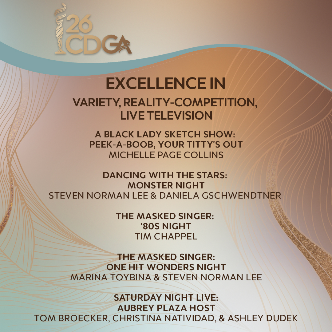 Congratulations to the 26th CDGA nominees for Excellence in Variety, Reality-Competition, Live Television! Visit our site for the complete list of nominees, including assistant costume designers, who are active @CDGlocal892 members. #CDGA #CostumeDesignersGuild #CDG892