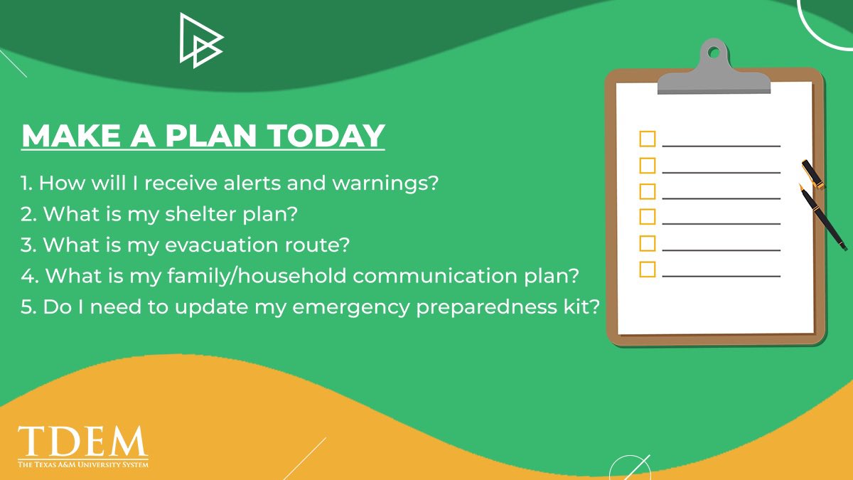 TDEM's tweet photo. With multiple weather threats in the Texas forecast through next week, do you have a plan?

☂️Monitor Local Weather Reports
📢Follow Guidance From Local Officials
🎒Keep Emergency Supply Kit Nearby

Visit: https://t.co/dniGxs9iTP

#txwx https://t.co/g0VicL2qES