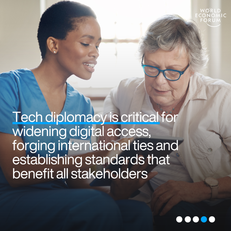 wef's tweet photo. Countries increasingly deploy #tech diplomats to Silicon Valley. Here's why tech #diplomacy is key to building trust and developing better tech governance and collaboration. #wef24