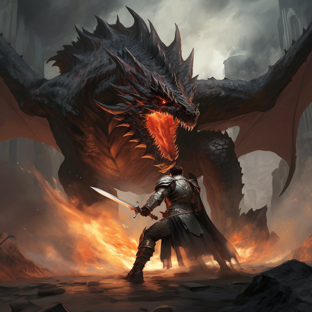 In the scorched earth of the Obsidian Plains, amidst the charred remnants of a once verdant forest, Sir Eldric stood alone, save for the colossal dragon before him. A leviathan of the skies, whose wings churned the air into fiery cyclones, stood as the last sentinel of a
