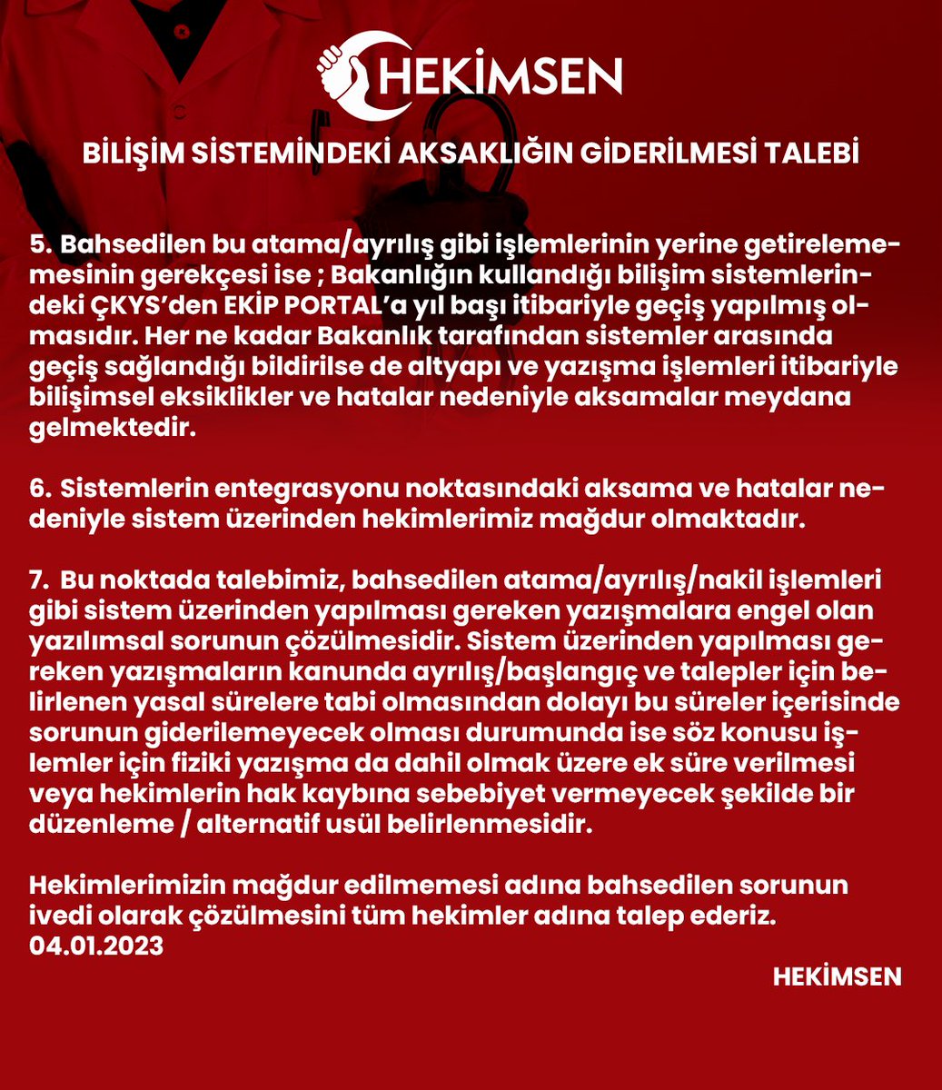 Sağlık Bakanlığının Çekirdek Kaynak Yönetim Sistemi'nden (ÇKYS), Ekip PORTAL sistemine geçmesi nedeniyle süreli iş ve işlemlerde oluşan mağduriyetlerin giderilmesi adına Sağlık Bakanlığı'na başvuruda bulunulmuştur.