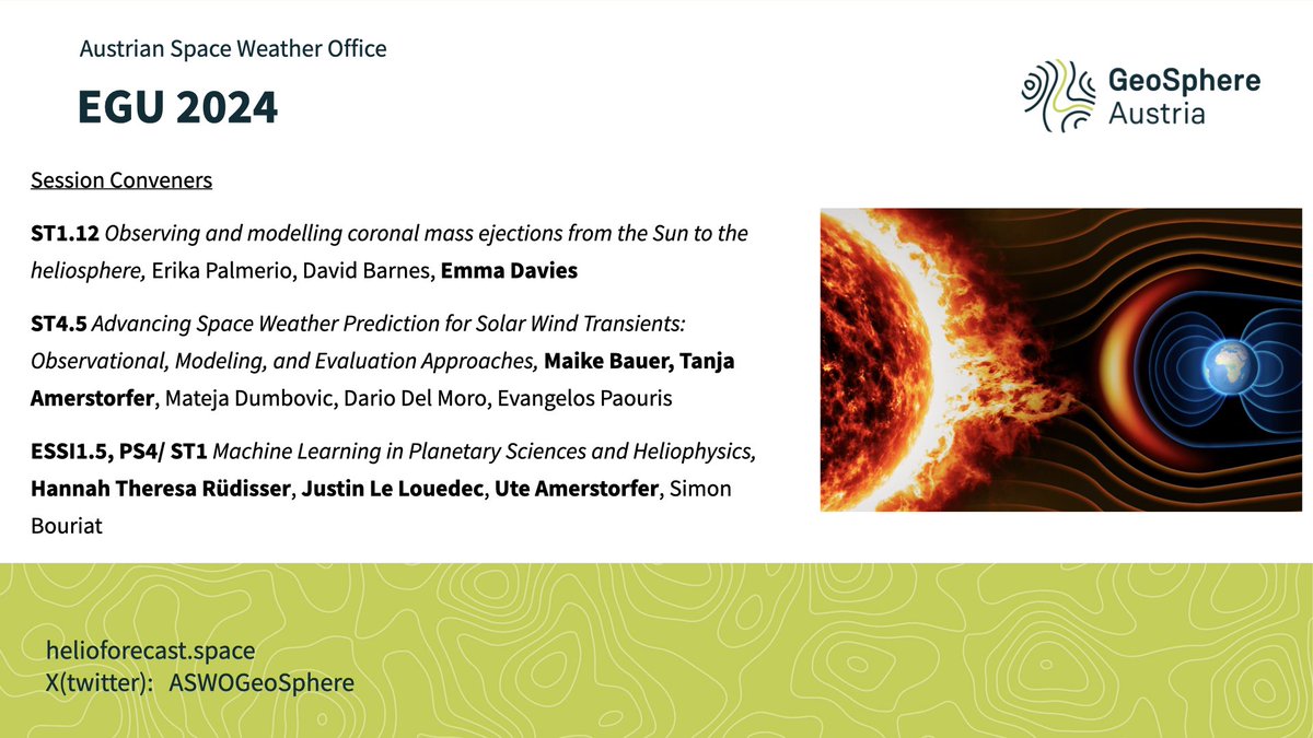Our team at the Austrian Space Weather Office <a href="/ASWOGeoSphere/">Austrian Space Weather Office, GeoSphere Austria</a> will be at the <a href="/EuroGeosciences/">European Geosciences Union</a> conference in Vienna, April 14-19.
We are involved in convening 3 sessions on modeling, observations and forecasting of #solarstorms and AI applications. Abstracts are due January 10💀