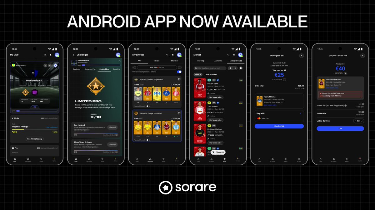 🚀 Unveiling the new Sorare Android App! 📱

After a successful open beta, say hello to your ultimate fantasy sports mobile companion! 🏆

Download here: go.sorare.com/hkhmx

Everything you love about Sorare – team composition, live performance tracking, My Club, market