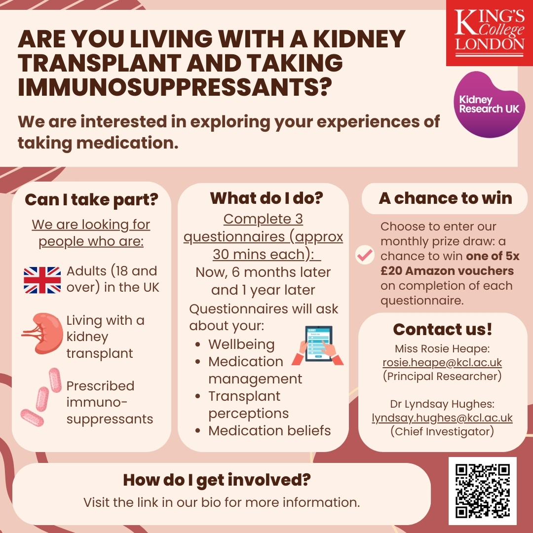 Are you living with a kidney transplant and prescribed immunosuppressants? We need you! 📢 Help us better understand your experiences of taking medication. Visit linktr.ee/summ_kdstudy to get involved🧐