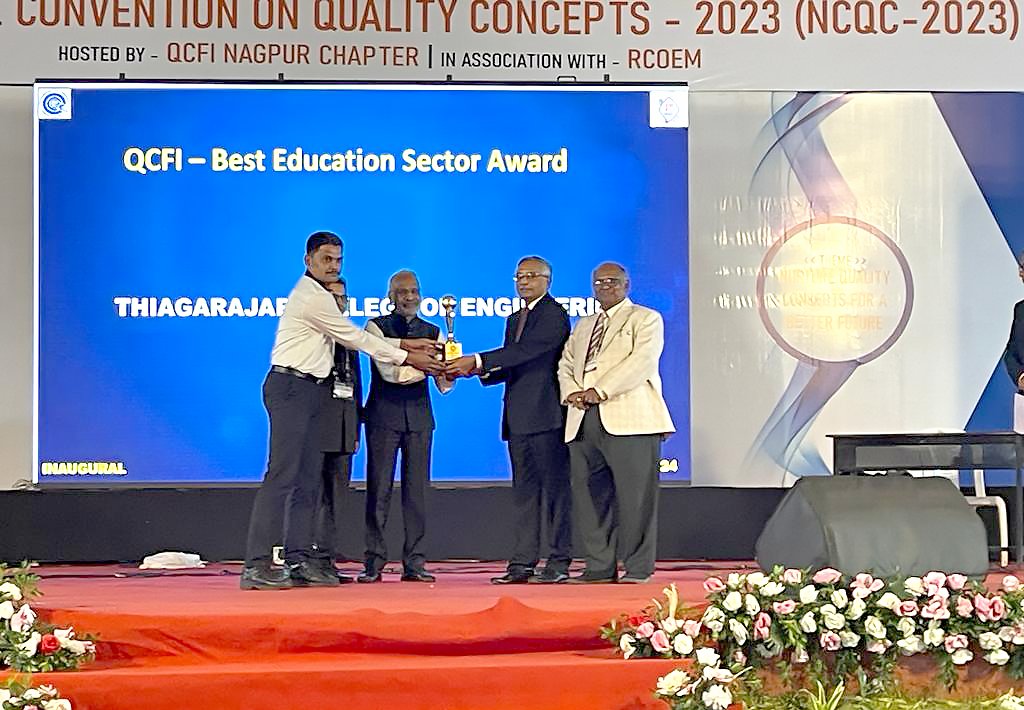 tceofficialpage's tweet photo. "🏆🌟 Thiagarajar College of Engineering wins Best Service Organisation - Education Quality Circle Award at NCQC 2023! Kudos to our team for fostering excellence! Presented by Dr. Satyanarayanan Nuwal & Mr. R.K Srivastava. #QualityCircle #EducationExcellence #TCEPride" https://t.co/MIFDMPQrHs