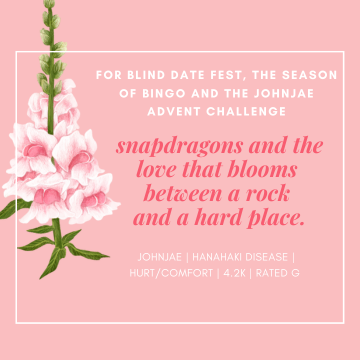 haiyuus's tweet photo. //    snapdragons and the love that blooms between a rock and a hard place.

    #johnjae | 4.2k | hurt/comfort | hanahaki | rated g

written for @BlindDateFest round 2, @seasonsofbingo
round 6 and day 2 of the #JohnJaeAdventChallenge by @johnjaeweek 

    https://t.co/5q50ypdwiy https://t.co/V8qP7yEcXI