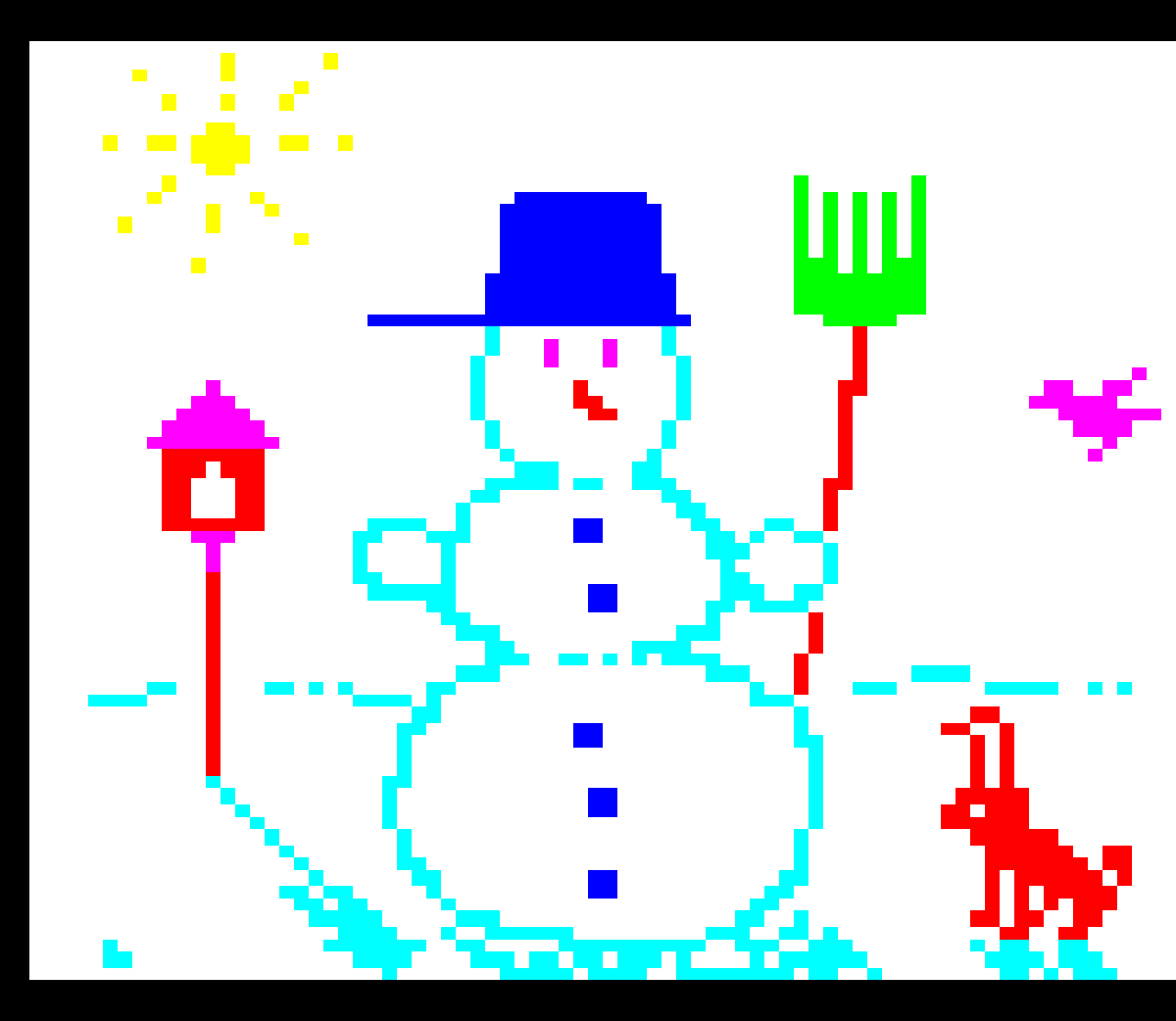 illarterate's tweet photo. Still a couple more days left on the 2023 #Teletext Advent Calendar!
Today it's @logiker464's bright snowman scene as the #YearoftheRabbit draws to a close.
๐โ๏ธ๐
๐ซ๐ฎ https://t.co/0ftSF91pqD
#pixelart #1bit #viewdata #videotext #ceefax #snowman #rabbit #teletextart https://t.co/jCUDnUWqx1