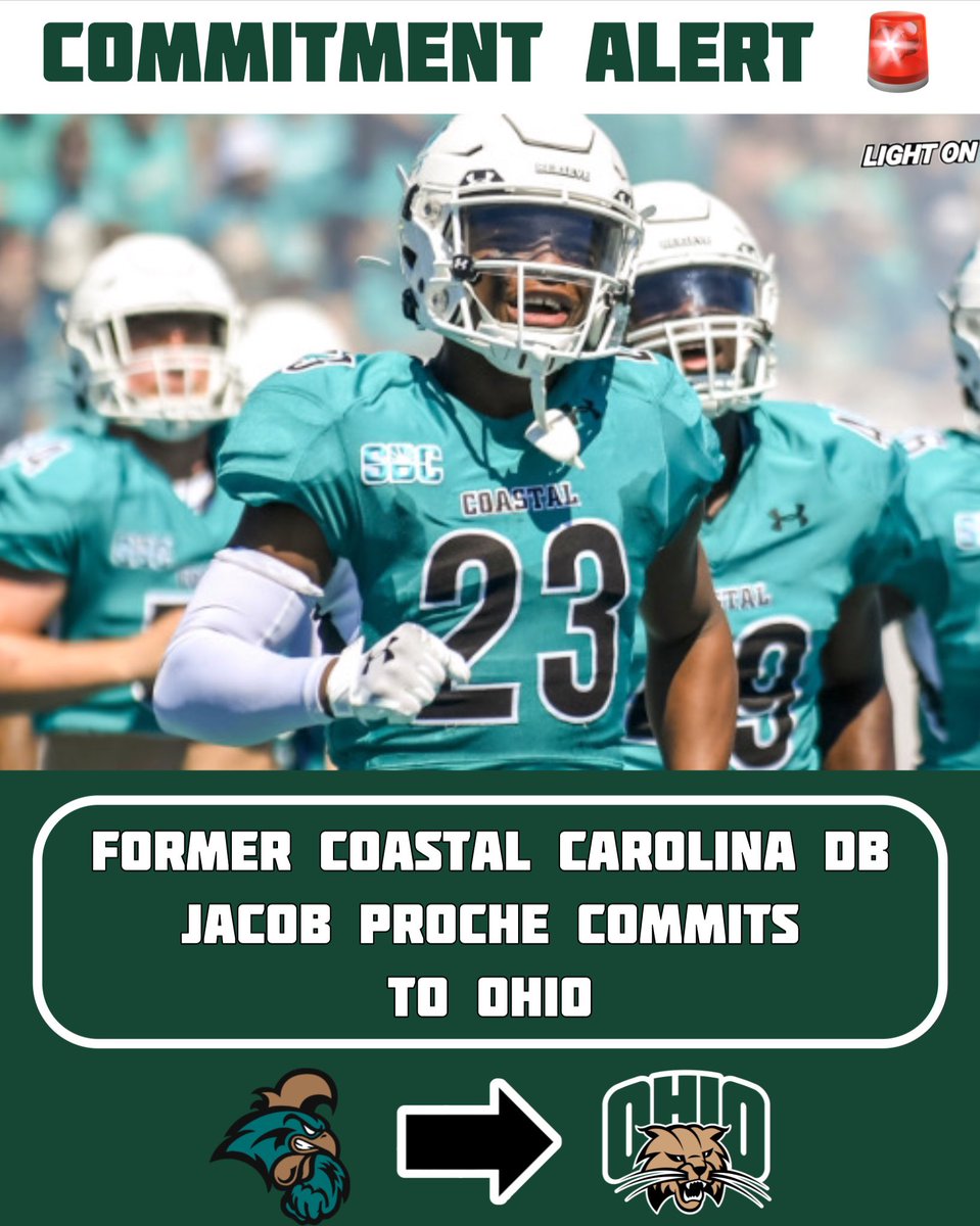 LIGHT ON COLLEGE SPORTS (@lightonsports) on Twitter photo Former Coastal Carolina DB Jacob Proche has committed to Ohio, per his social media. 🔥
He recorded 44 tackles, 7 pbus, 2.5 tfl, 1 interception, & 1 forced fumble during his time with Coastal.
<a href="/jacobproche3/">jacobproche3</a>
📸: Coastal Carolina Athletics Former Coastal Carolina DB Jacob Proche has committed to Ohio, per his social media. 🔥
He recorded 44 tackles, 7 pbus, 2.5 tfl, 1 interception, & 1 forced fumble during his time with Coastal.
<a href="/jacobproche3/">jacobproche3</a>
📸: Coastal Carolina Athletics