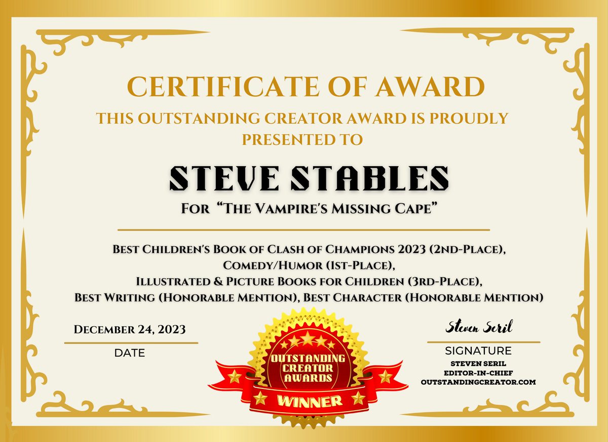 BooksStables's tweet photo. The Vampire's Missing Cape had a good 2023, receiving 4 awards to complete a good year.
Winner in Children's comedy section, Chrysalis BREW Project, and Outstanding creator awards https://t.co/rzAoVspvt1