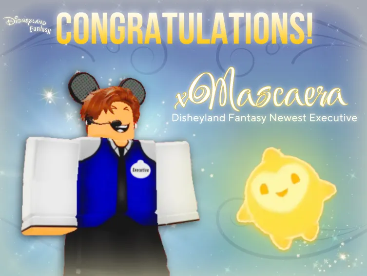 DLFRoblox's tweet photo. 🎆Disneyland Fantasy congratulates our newly-promoted Executive, xMascaera! We know that they will bring more magic to our community and we wish them the best of luck in their new role! ✨ https://t.co/yb3AZehNUM
