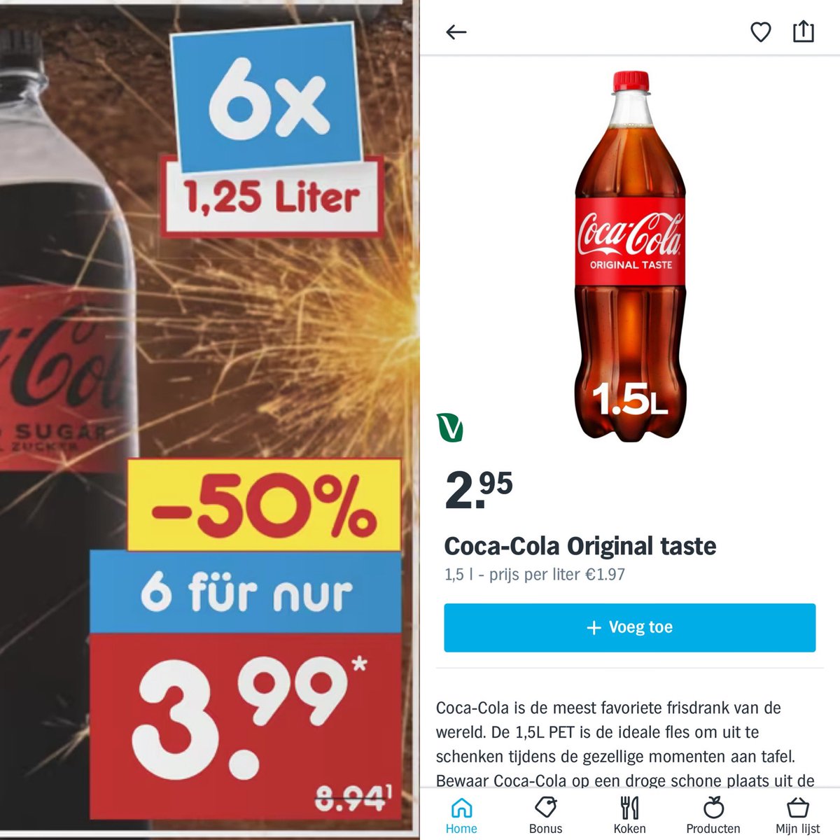 Duitsland:
6x 1,25L = 7.5 liter voor €3,99

Nederland:
5x 1.5L = 7.5 liter voor €14,75

€0,53 per liter tegenover €1,97

#suikertaks