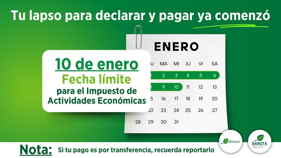 Sematbaruta's tweet photo. Contribuyente Baruta, ya está corriendo el lapso formal para tu declaración, pago y reporte del Impuesto de Actividades Económicas, correspondiente al mes de diciembre. ¡Tributos que mejoran tu Calidad de Vida! 🍃 https://t.co/S27o0eJdeo
