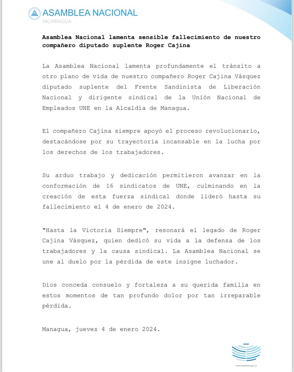 AsambleaNi's tweet photo. Asamblea Nacional lamenta sensible fallecimiento de nuestro compañero, diputado suplente Roger Cajina https://t.co/9scOxHlhQE