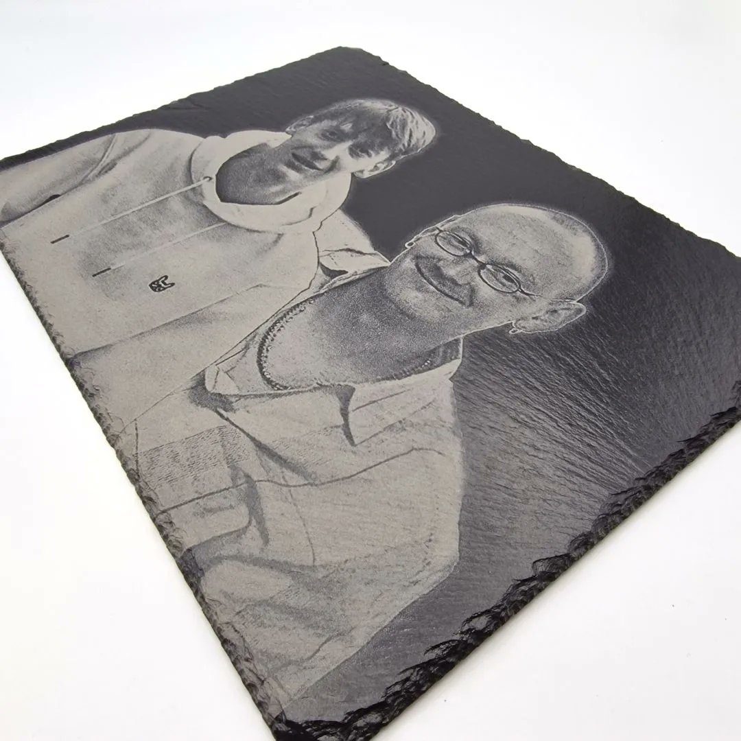 These 3 slate engravings were a real pleasure to engrave ❤️ 

Unfortunately, the young men's Dad passed away 13 years ago when they were so young. Their mum reached out to us to see if we could put 2 photos together to have a recent photo of them with their Dad.

3/3