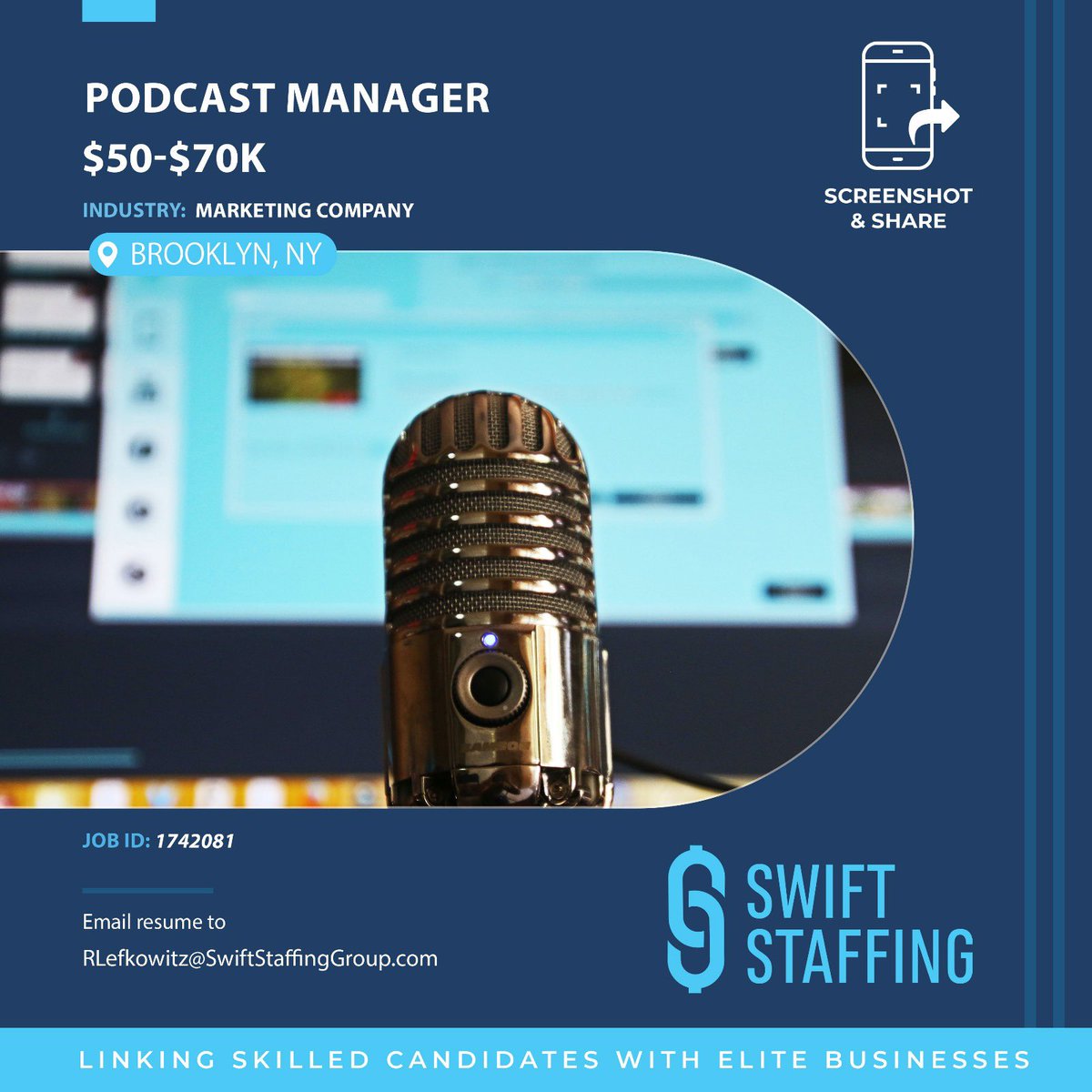 swiftstaffing_'s tweet image. Explore the Podcast Manager position with a marketing company in Brooklyn, offering a salary range of $50,000 to $70,000.
To apply, please send your resume to RLefkowitz@SwiftStaffingGroup.com with the subject line &quot;Podcast Manager.&quot; and add the Job ID (1742081)*