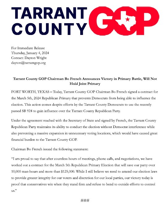 Today Tarrant County GOP Chairman Bo French signed a contract for the Mar. 5th Primary that will avoid a joint primary and save the Party money. Read the full press release below: