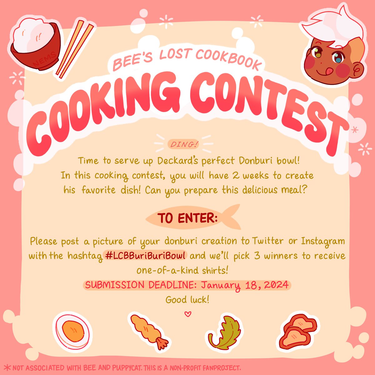 ProfessionalDew's tweet photo. Hello #beeandpuppycat fans! We are hosting a cooking contest to win  shirts! You can add whatever toppings you think deckard would like as long as the base is rice! Please submit your pictures with the hashtag so we can find them! Have fun! I look forward to seeing submissions https://t.co/4LUuRA4W7b