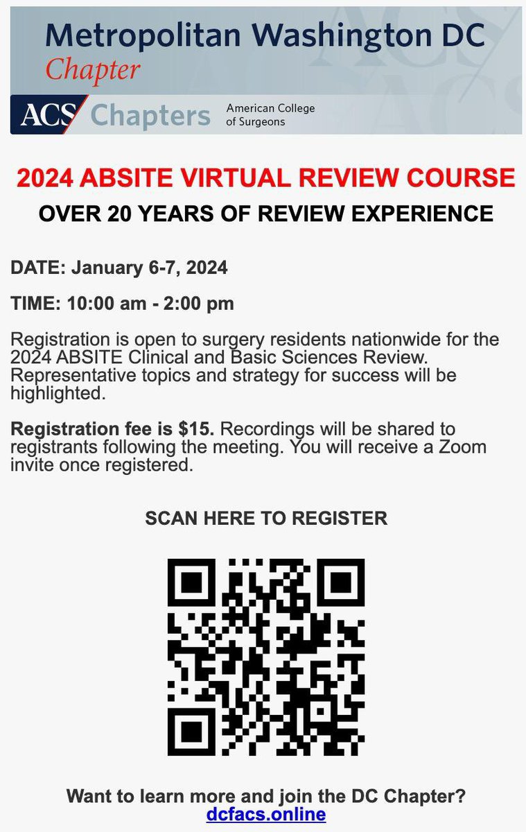 Reminder to sign up for the awesome @MetroDCACS virtual ABSITE course Jan 6-7!! @YewandeAlimiMD @RASACS @GUH_WHCSurgRes @GWSurgery @InovaSurgery facs.jotform.com/233234237258152