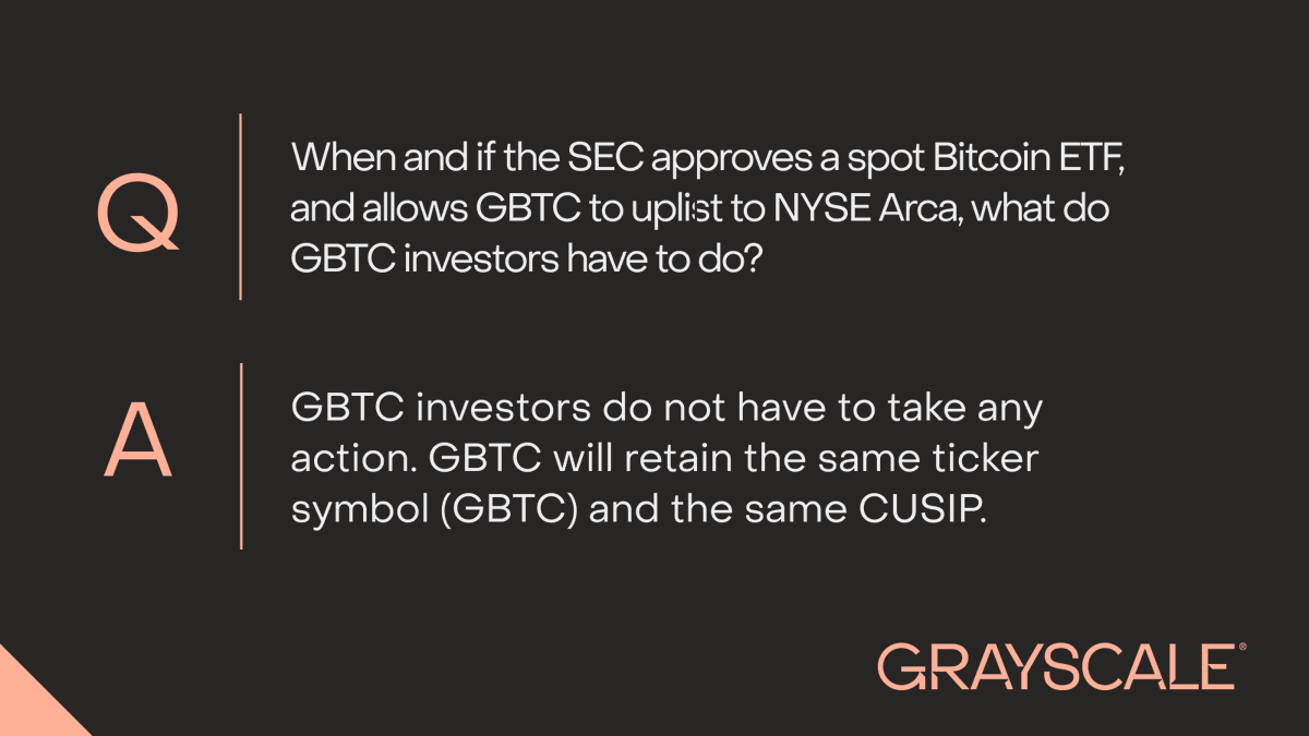 Interested in the nuts and bolts of uplisting $GBTC as a spot #Bitcoin ETF?  Read our recent Q&A for more answers to common questions:  https://t.co/RQKrmHvWYz Access details and disclosures about GBTC:  https://t.co/RDOWZY6YyH