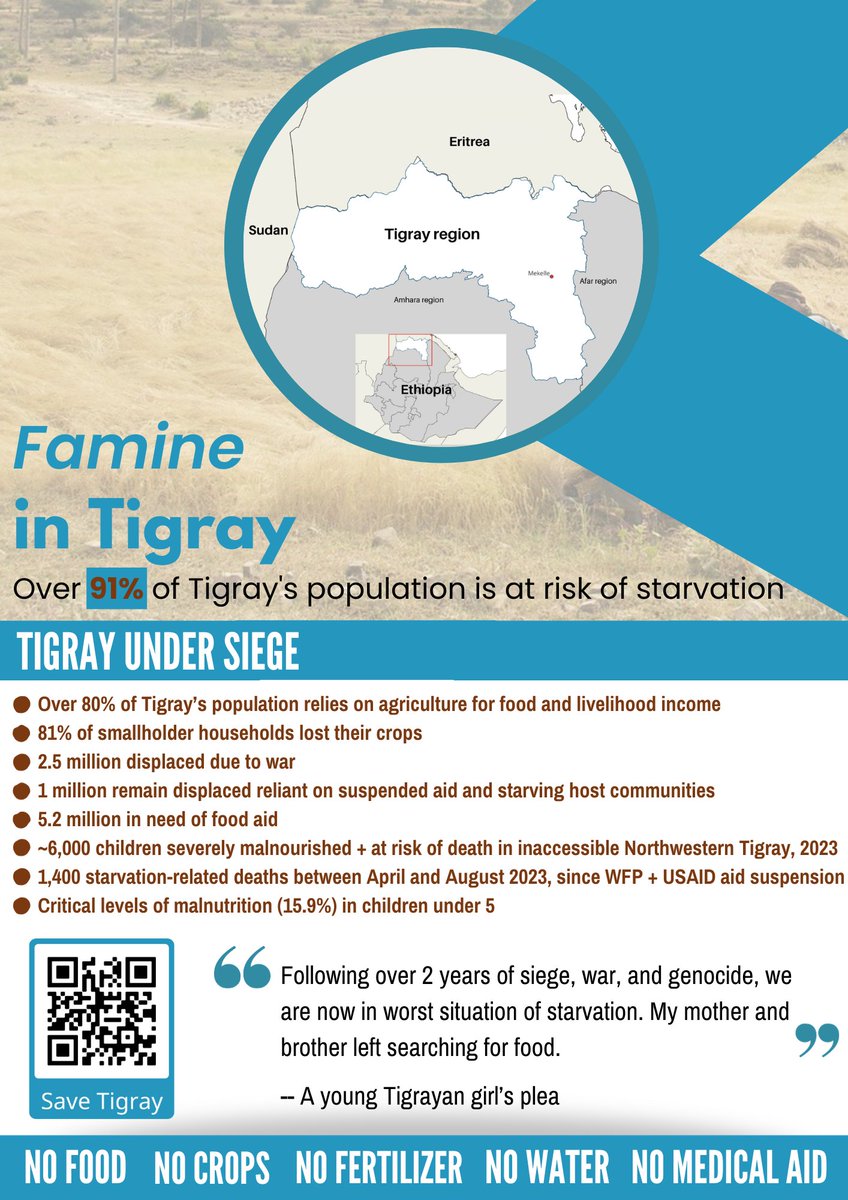 Famine in #Tigray: Over 91% of Tigray's population is at risk of starvation. 🚨 Scan the QR code 📲 to help save the people of Tigray, Ethiopia from starvation! 🔔 Petition, Email, and Support! Thank you team @OmnaTigray, @TigrayWeekly and @LegacyTigray 🙏🏽