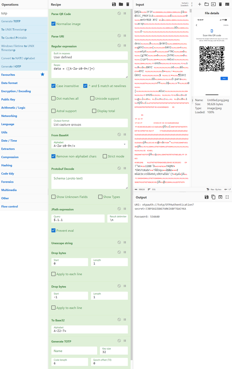 CyberChef is AWESOME. Here is a pipeline that parses Google Authenticator export QR codes and generates TOTP with them