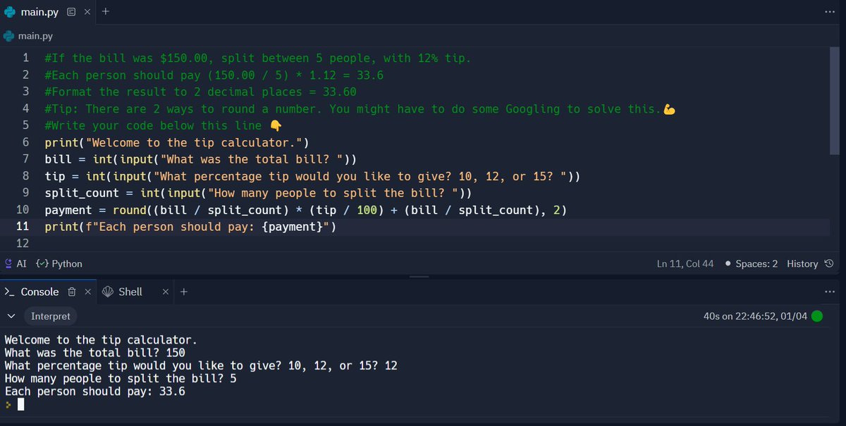 Toritt_Z's tweet photo. Day 2 of #100DaysofCode 
I learnt about 
📌 Data Types 
📌 Numbers
📌 Operations
📌 Type Conversions
📌 f-Strings

Project: #Tip_Calculator https://t.co/lvZymGcXV3