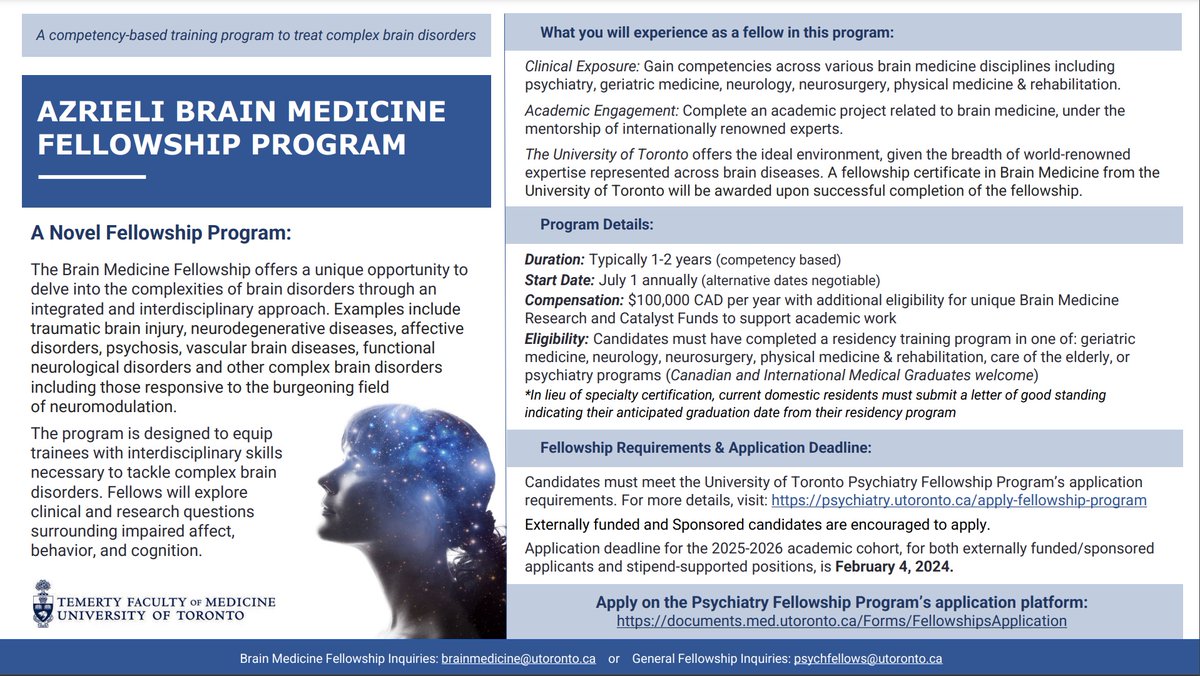 New Year...New amazing🧠fellowship opportunity! @uoftmedicine Azrieli Brain Medicine Fellowship is perfect for any residents looking to help shatter arbitrary divides between neuro, psychiatry, med/rehab... $100K/yr + research 💰 Applications due Feb 4. Please R/T for reach
