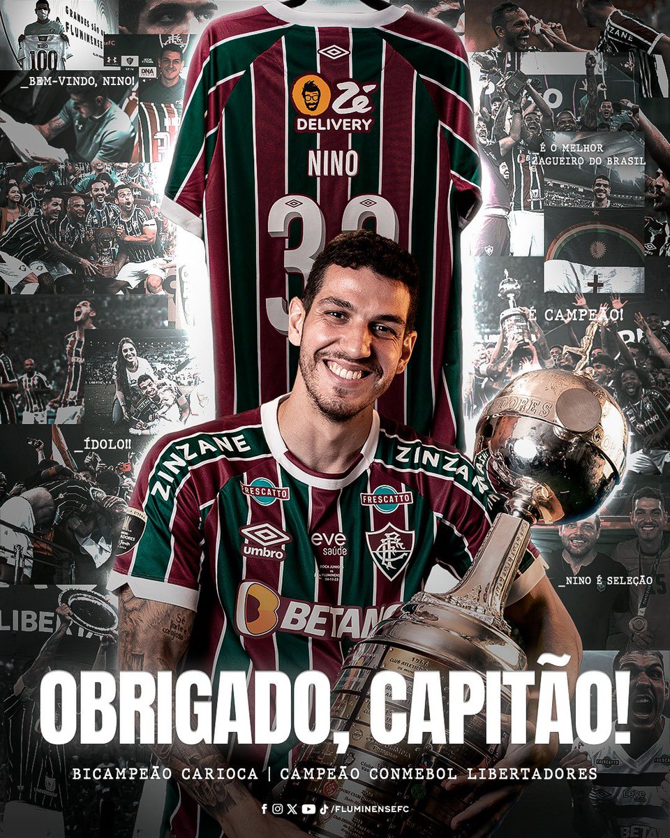 FluminenseFC's tweet photo. Campeão da América, CAPITÃO da América, bicampeão carioca, 246 jogos por este clube… desde março de 2019 representando nossas cores. 

Nino, o Fluminense Football Club só tem a agradecer. Sua jornada por aqui te transformou em um dos maiores defensores da história deste clube. Desejamos muito sucesso no seu novo desafio, Capitão. 

Aqui sempre será a sua casa. 3️⃣3️⃣🇭🇺