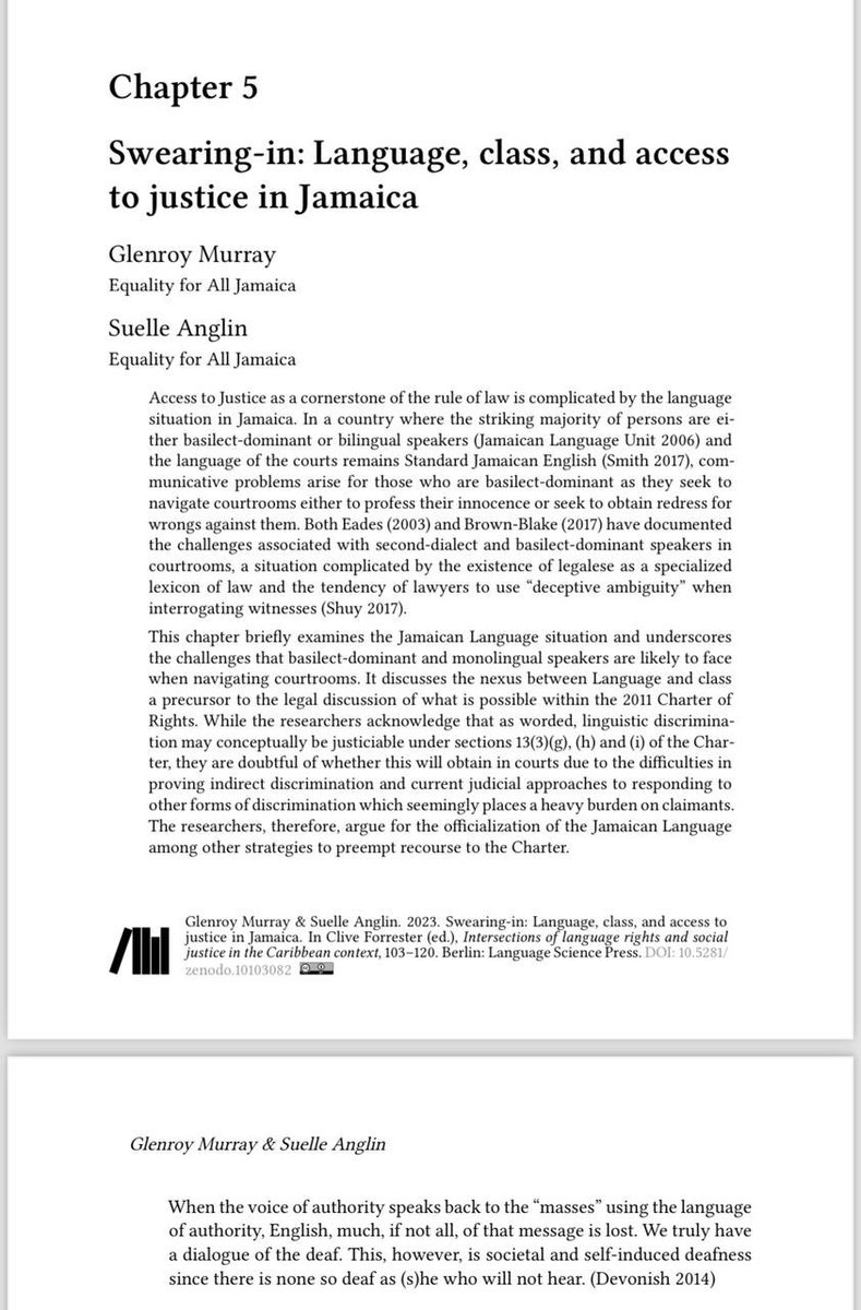 During my year on Chevening <a href="/GlenDivo/">Unproblematic Ice Queen</a> and I were able to co-author a chapter in the Language Science Press focusing on language in the Jamaican courtroom. 

Happy to report it’s now published and you can read it here: langsci-press.org/catalog/book/4…

Making moves with your friends🥰🤌🏾