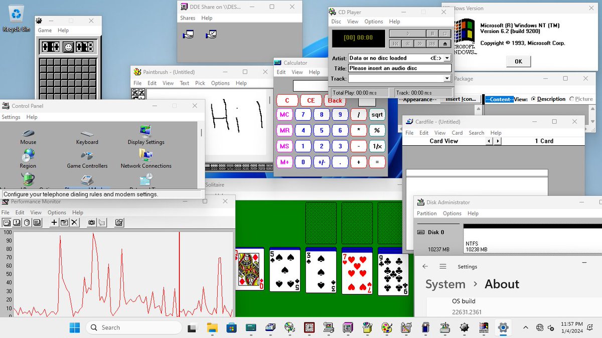 NTDEV_'s tweet image. The fact that you can run applications from Windows NT 3.1 on Windows 11 without any sort of modifications is completely amazing to me.
What other OS can do this out of the box?