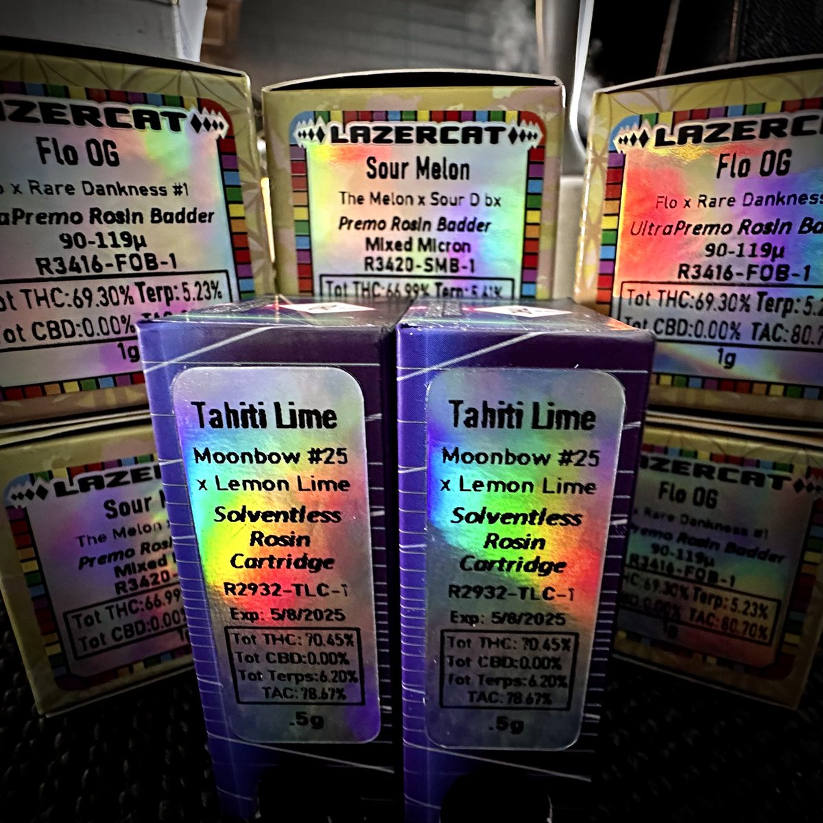 Nathan_Miers's tweet photo. Favorite flavโs; Sour Melon, FloOG and my new fav cart, Tahiti Lime๐คค @LazercatOffcl #readyforsnow https://t.co/h5f81QF3C9